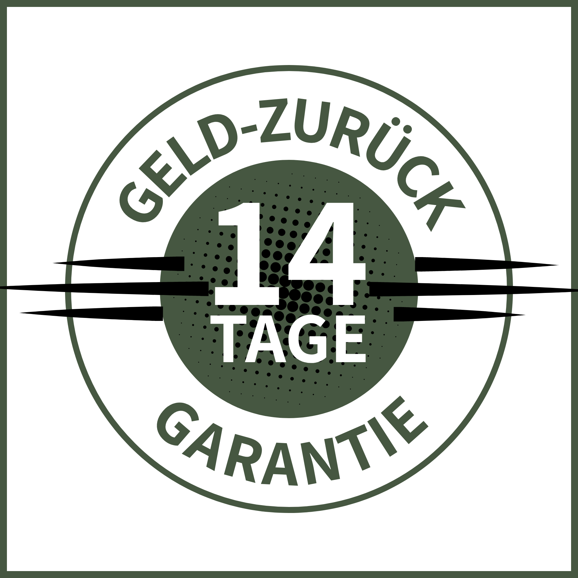 Kreisförmiges Gütesiegel mit dem Text "14 TAGE GELD-ZURÜCK-GARANTIE" zur Steigerung des Kundenvertrauens und zur Förderung risikofreien Kaufens.