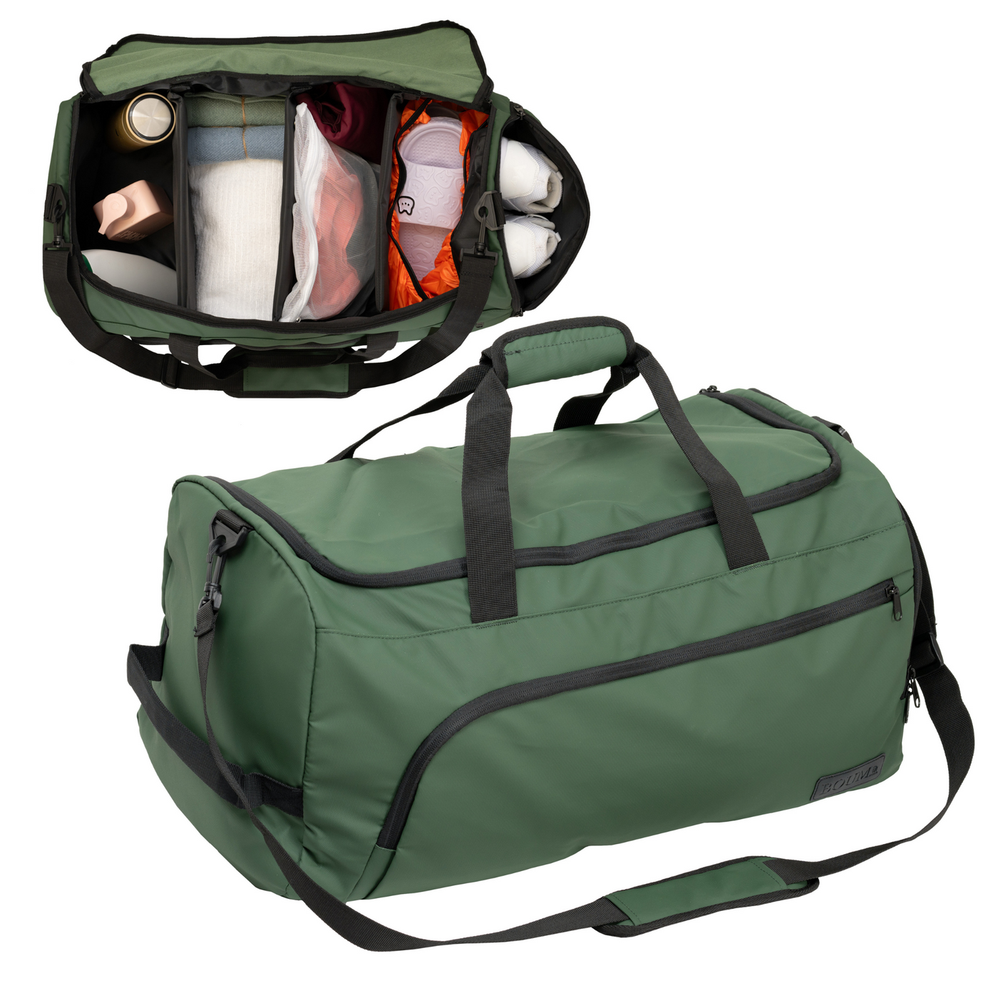 Organizer Bag XL in Military Green, geöffnet und geschlossen nebeneinander