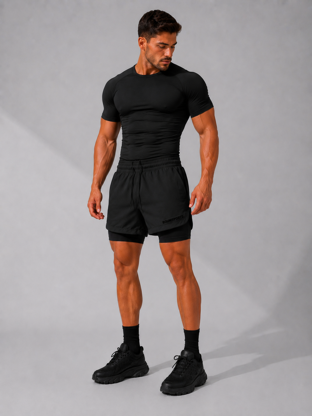 Mann trägt die 2-in-1 Performance Short in Shadow Black, Vorderansicht