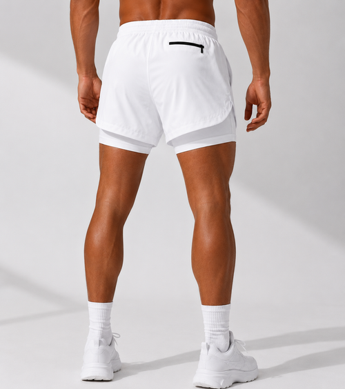 2-in-1 Performance Short in Cloud White von hinten, mit Reißverschlusstasche