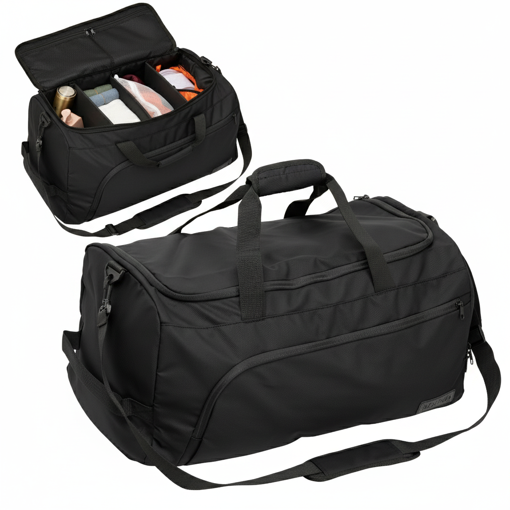Organizer Bag XL in Deep Black, geöffnet und geschlossen nebeneinander