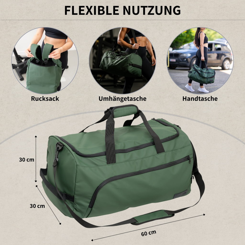 Grüne Duffel Bag/Sporttasche mit flexibler Nutzung als Rucksack, Umhängetasche und Handtasche. Die Maße der Tasche sind: 60 cm (Länge), 30 cm (Höhe) und 30 cm (Breite/Tiefe).
