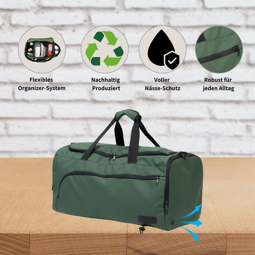 Grüne Sporttasche/Reisetasche mit den vier Hauptmerkmalen: flexibles Organizer-System, nachhaltige Produktion, voller Nässe-Schutz (wasserdicht) und robust für den Alltag.